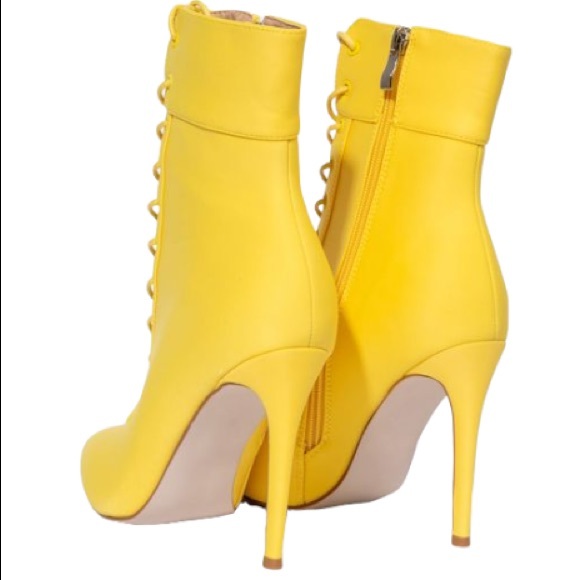 Azalea Wang Sunshine Yellow Victorian Inspired Lace Up Stiletto Booties - Picture 4 of 8